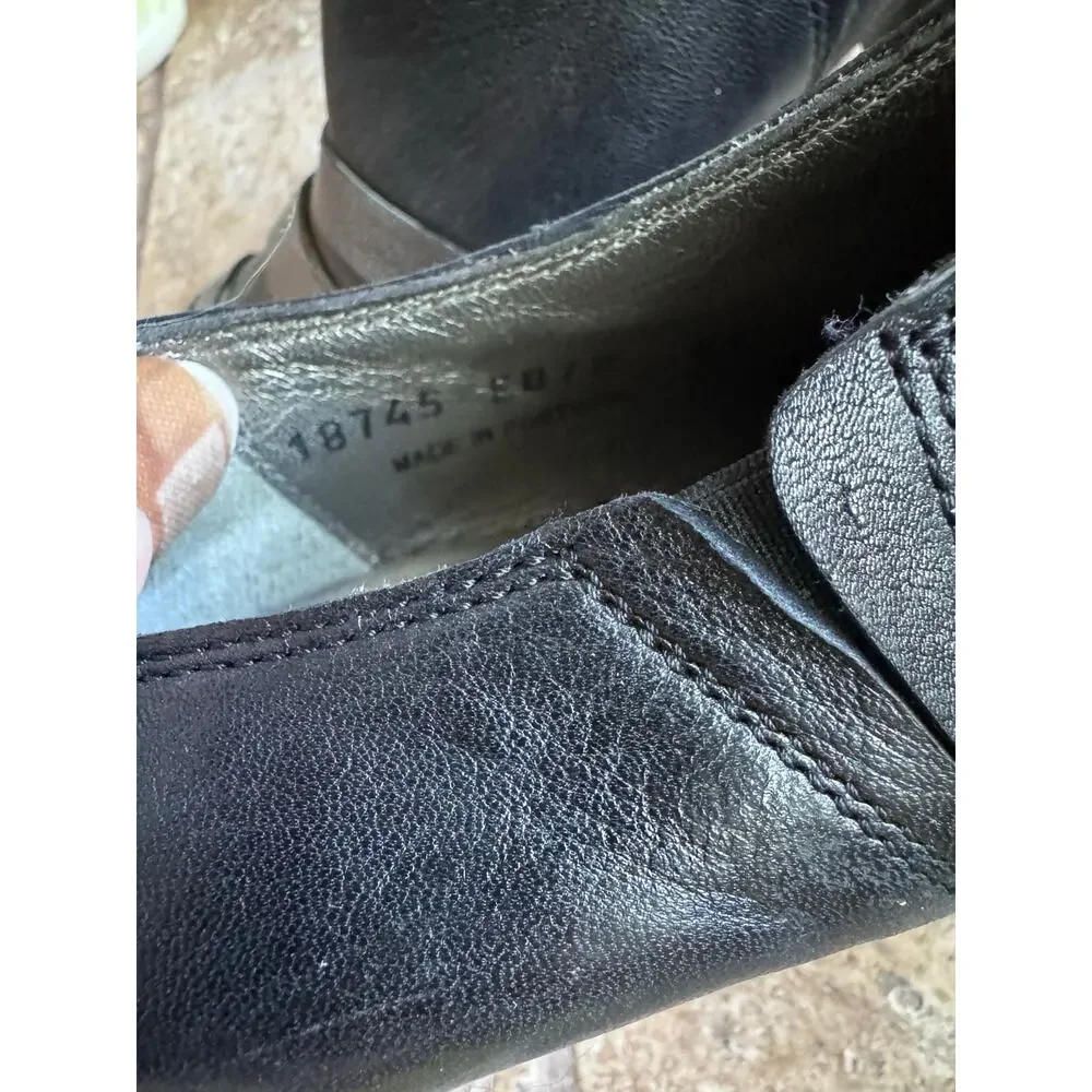 Black and silver low heel leather booties